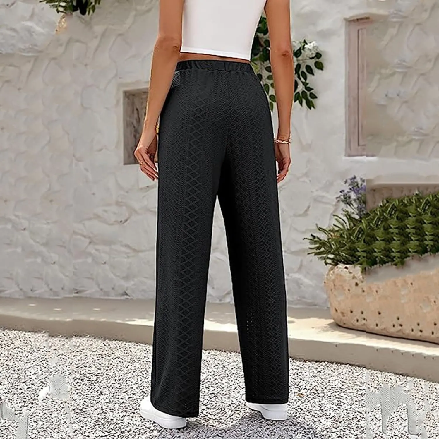 Women's Casual Elastic High Waist Trousers with Pockets Lightweight Straight Wide Leg Plus Size Casual Business Pants