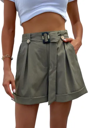 Women's Casual High Waisted Shorts, Flex-to-go Button Shorts, Loose Wide Leg Lace-Up Shorts