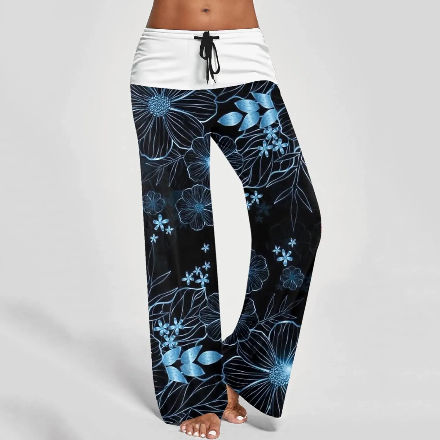 Womens Casual Long Trousers Fashion Floral Printed Straight Pants Elastic Waist Wide Leg Baggy Drawstring Pajamas