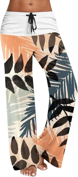 Womens Casual Long Trousers Fashion Floral Printed Straight Pants Elastic Waist Wide Leg Baggy Drawstring Pajamas