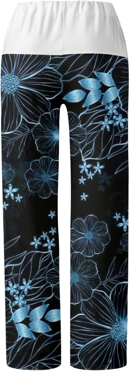 Womens Casual Long Trousers Fashion Floral Printed Straight Pants Elastic Waist Wide Leg Baggy Drawstring Pajamas