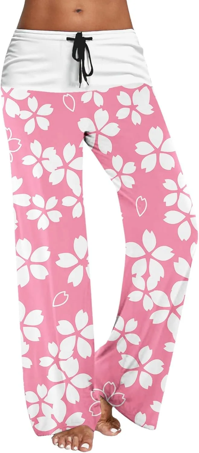 Womens Casual Long Trousers Fashion Floral Printed Straight Pants Elastic Waist Wide Leg Baggy Drawstring Pajamas