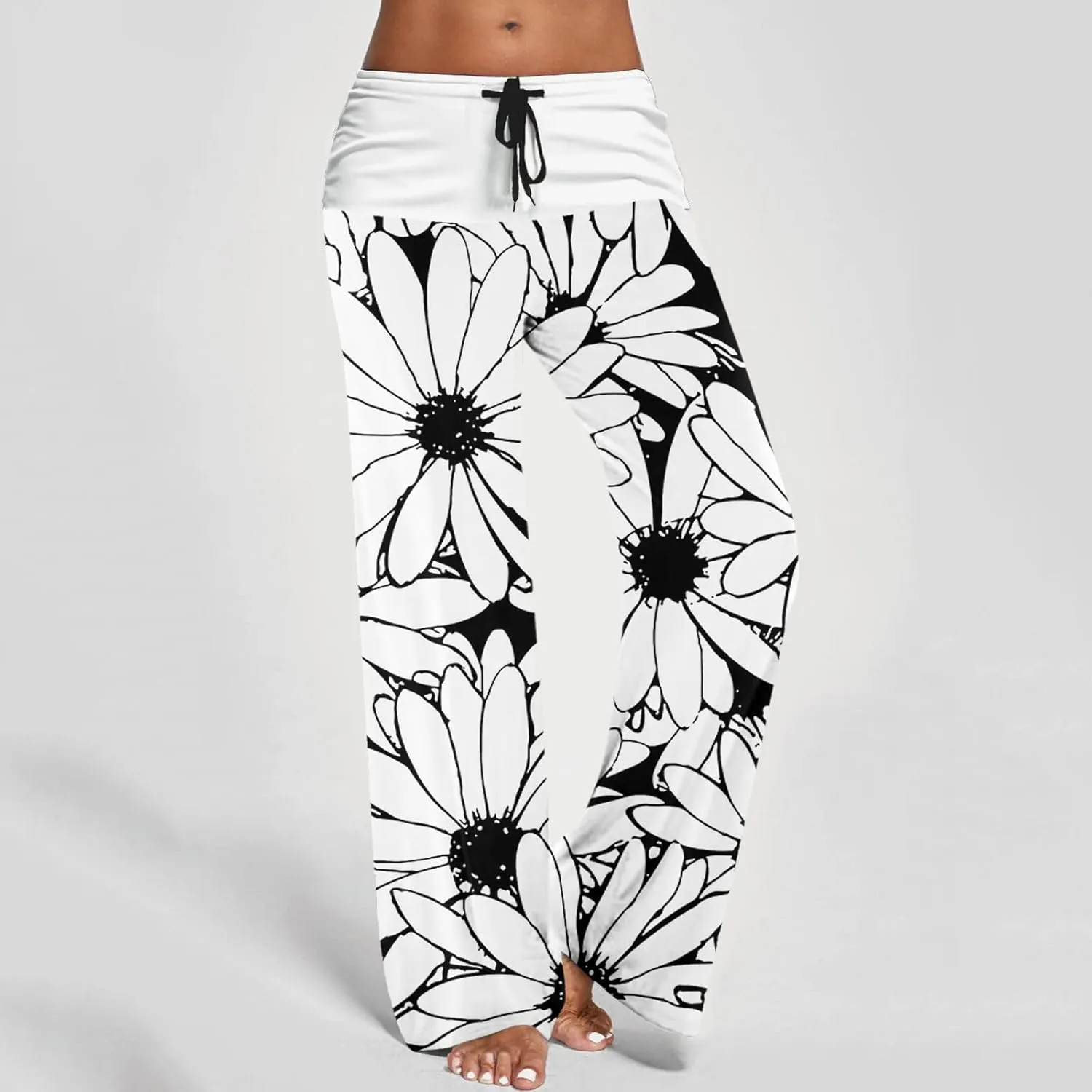 Womens Casual Long Trousers Fashion Floral Printed Straight Pants Elastic Waist Wide Leg Baggy Drawstring Pajamas