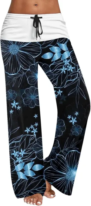 Womens Casual Long Trousers Fashion Floral Printed Straight Pants Elastic Waist Wide Leg Baggy Drawstring Pajamas
