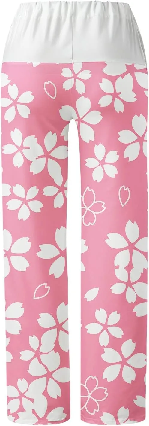 Womens Casual Long Trousers Fashion Floral Printed Straight Pants Elastic Waist Wide Leg Baggy Drawstring Pajamas