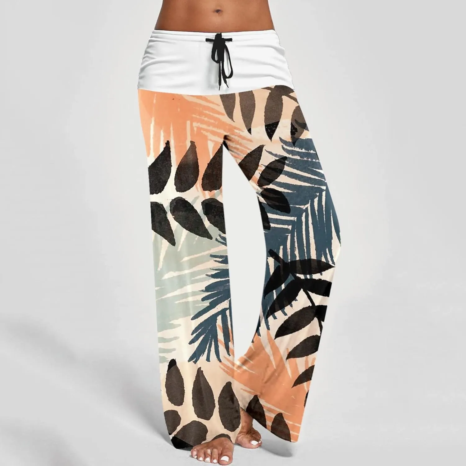 Womens Casual Long Trousers Fashion Floral Printed Straight Pants Elastic Waist Wide Leg Baggy Drawstring Pajamas