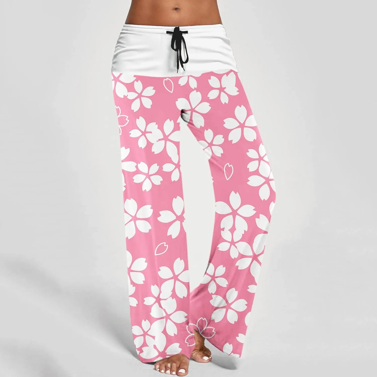Womens Casual Long Trousers Fashion Floral Printed Straight Pants Elastic Waist Wide Leg Baggy Drawstring Pajamas