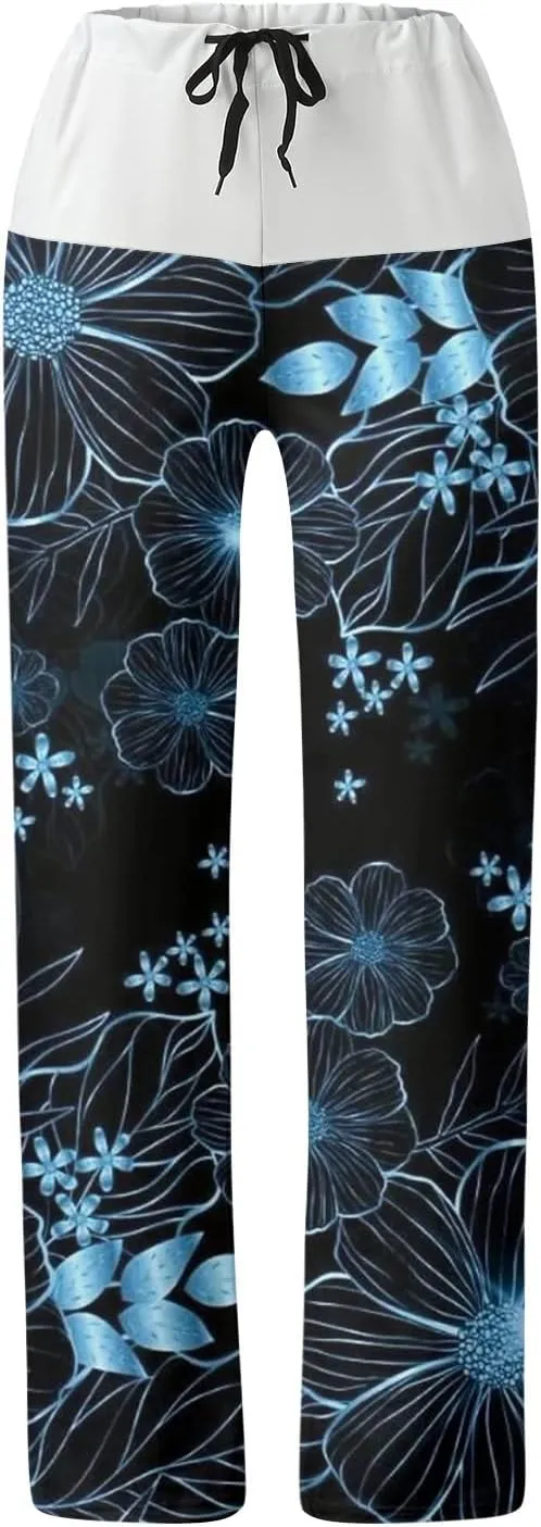 Womens Casual Long Trousers Fashion Floral Printed Straight Pants Elastic Waist Wide Leg Baggy Drawstring Pajamas