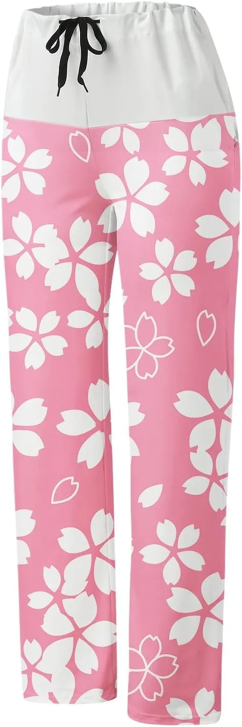 Womens Casual Long Trousers Fashion Floral Printed Straight Pants Elastic Waist Wide Leg Baggy Drawstring Pajamas