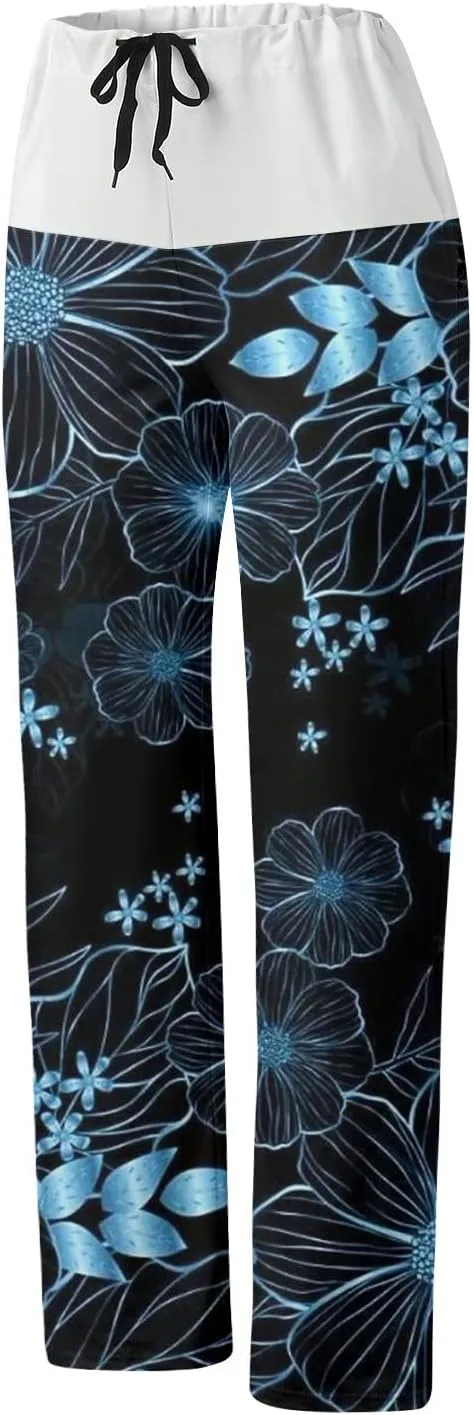 Womens Casual Long Trousers Fashion Floral Printed Straight Pants Elastic Waist Wide Leg Baggy Drawstring Pajamas