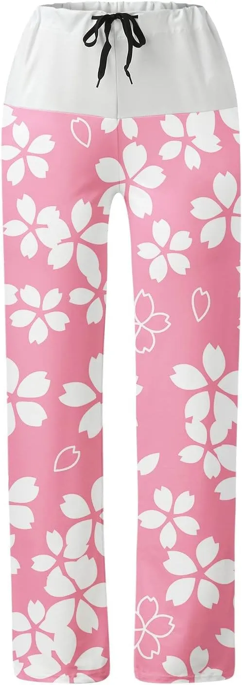 Womens Casual Long Trousers Fashion Floral Printed Straight Pants Elastic Waist Wide Leg Baggy Drawstring Pajamas