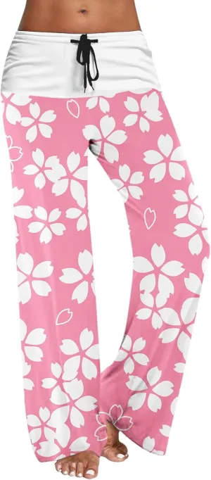 Womens Casual Long Trousers Fashion Floral Printed Straight Pants Elastic Waist Wide Leg Baggy Drawstring Pajamas