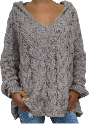 Women's Chunky Cable Knit V Neck Sweaters Fashion Hoodies Loose Casual Solid Long Sleeve Hooded Pullover Jumper Top