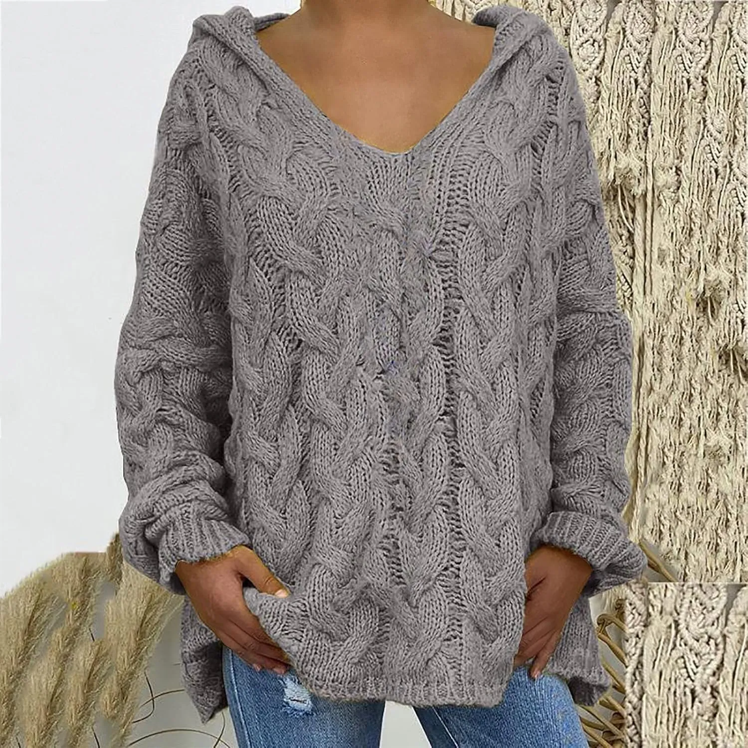 Women's Chunky Cable Knit V Neck Sweaters Fashion Hoodies Loose Casual Solid Long Sleeve Hooded Pullover Jumper Top