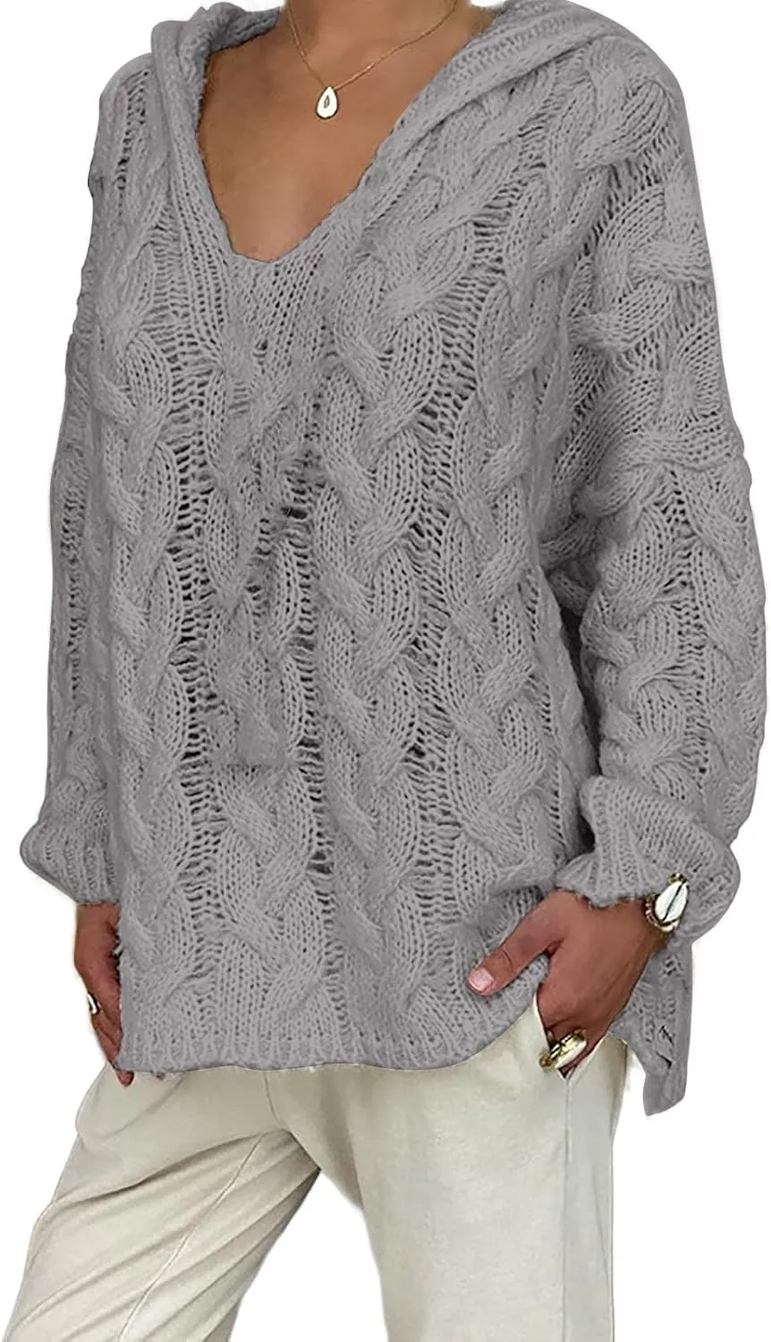 Women's Chunky Cable Knit V Neck Sweaters Fashion Hoodies Loose Casual Solid Long Sleeve Hooded Pullover Jumper Top