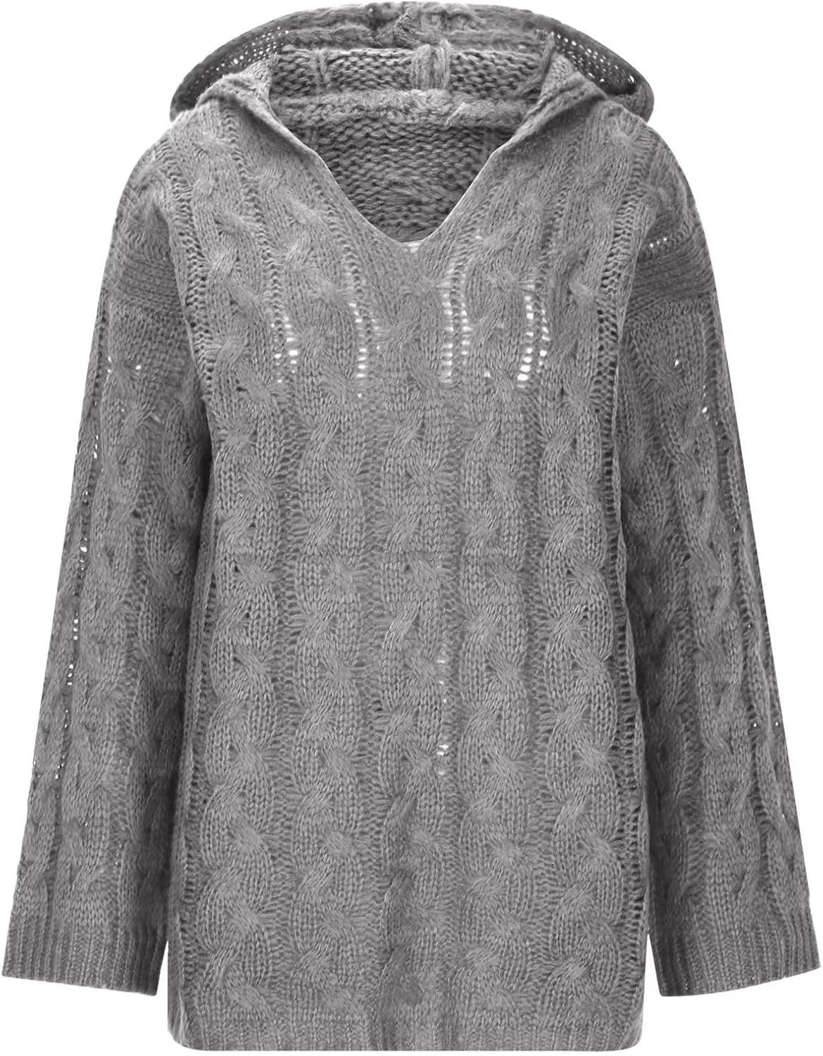 Women's Chunky Cable Knit V Neck Sweaters Fashion Hoodies Loose Casual Solid Long Sleeve Hooded Pullover Jumper Top