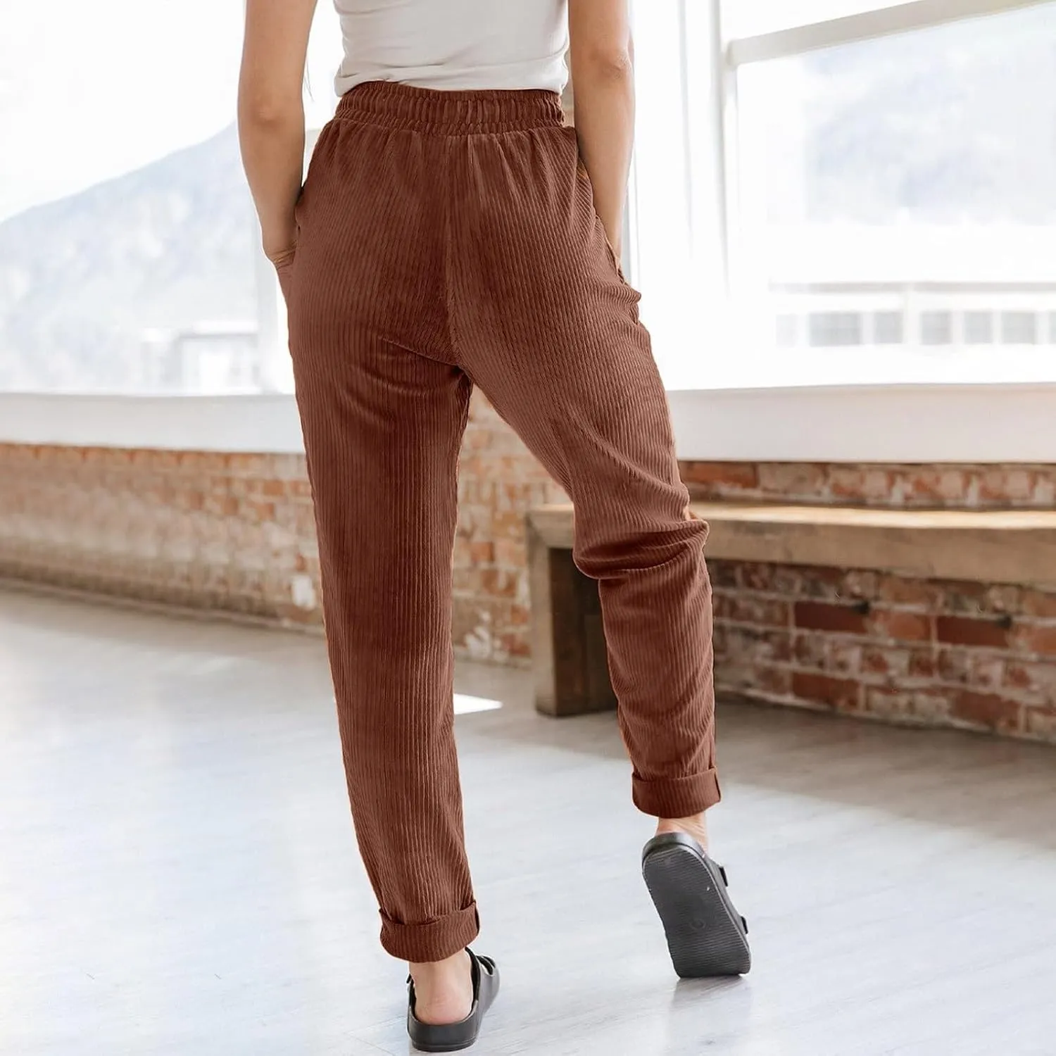 Women's Corduroy Pants Baggy Drawstring Elastic High Waist Trousers Casual Loose Fit Straight Leg Pants with Pockets
