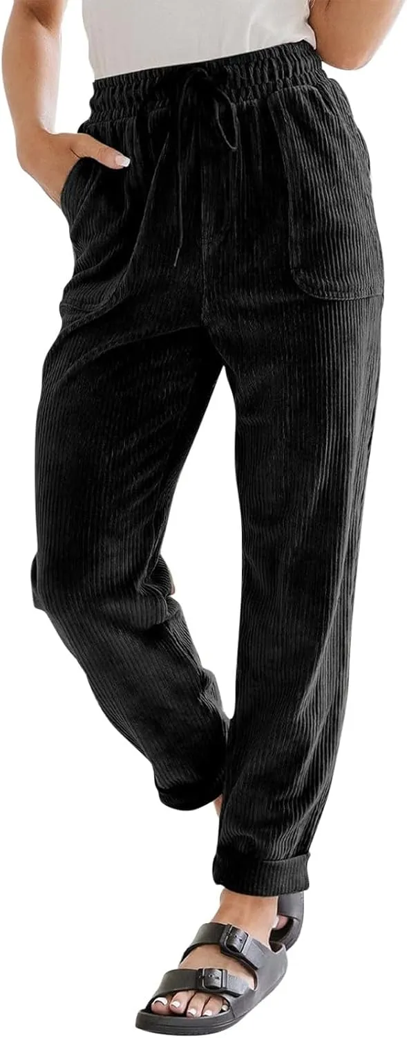 Women's Corduroy Pants Baggy Drawstring Elastic High Waist Trousers Casual Loose Fit Straight Leg Pants with Pockets