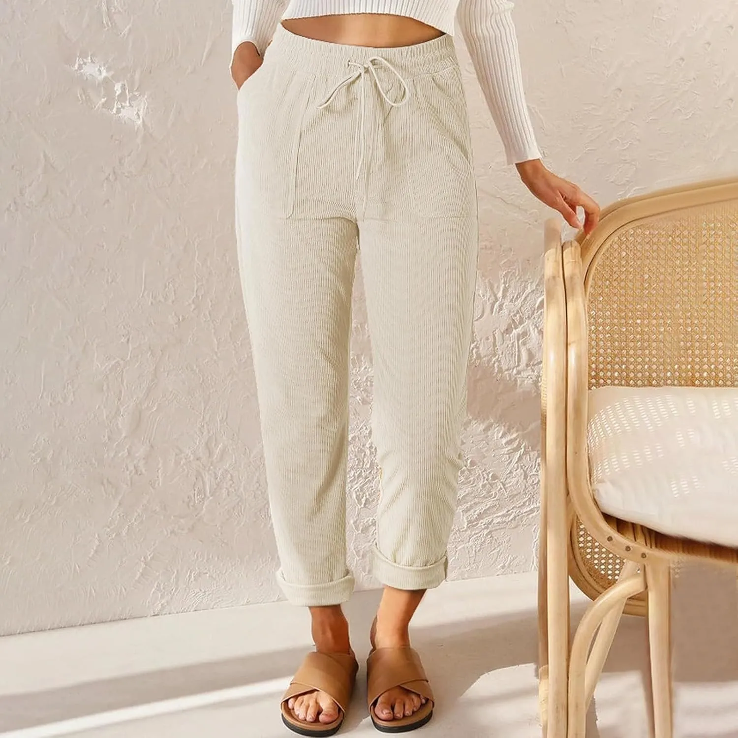 Women's Corduroy Pants Baggy Drawstring Elastic High Waist Trousers Casual Loose Fit Straight Leg Pants with Pockets