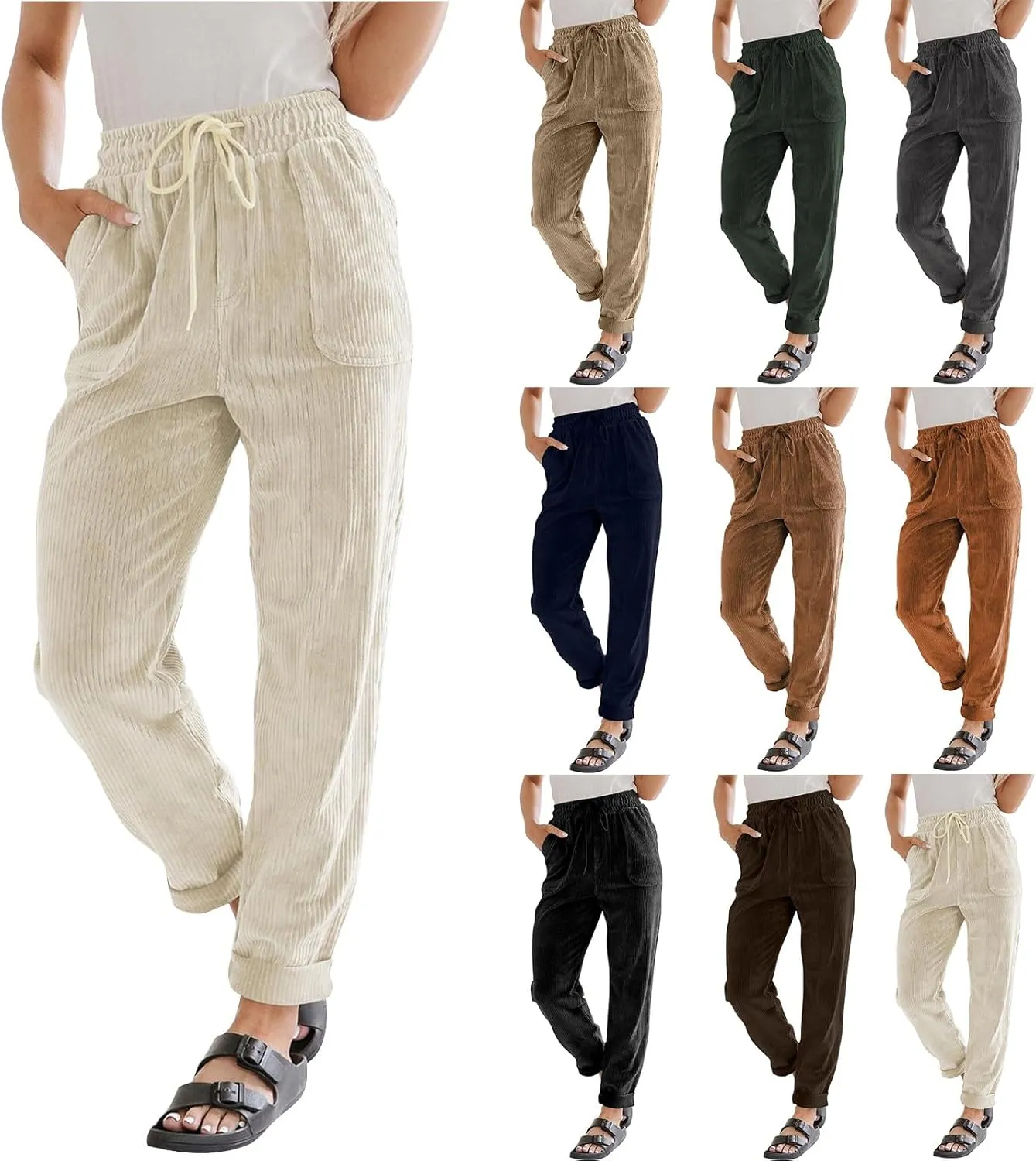 Women's Corduroy Pants Baggy Drawstring Elastic High Waist Trousers Casual Loose Fit Straight Leg Pants with Pockets
