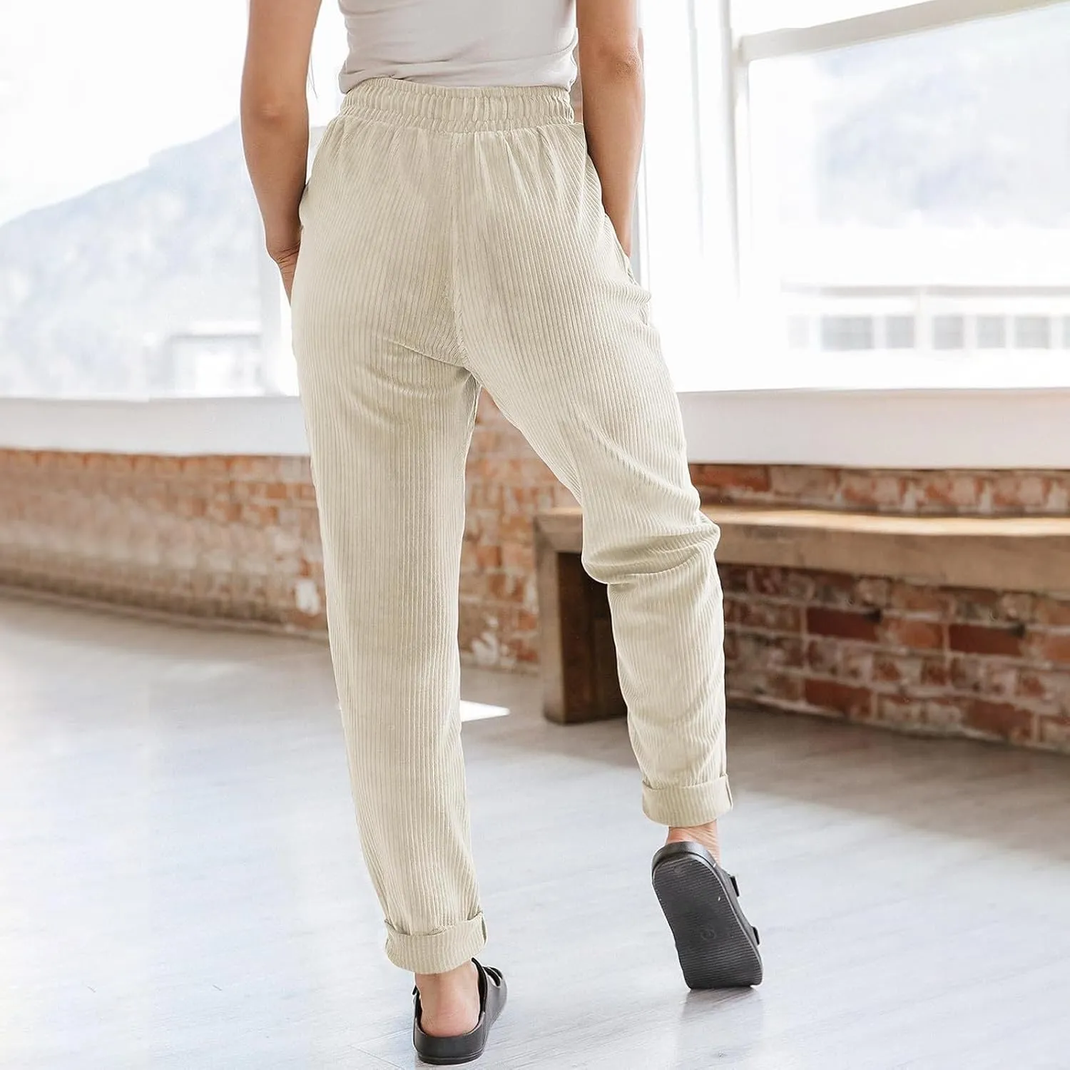 Women's Corduroy Pants Baggy Drawstring Elastic High Waist Trousers Casual Loose Fit Straight Leg Pants with Pockets