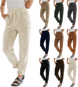 Women's Corduroy Pants Baggy Drawstring Elastic High Waist Trousers Casual Loose Fit Straight Leg Pants with Pockets