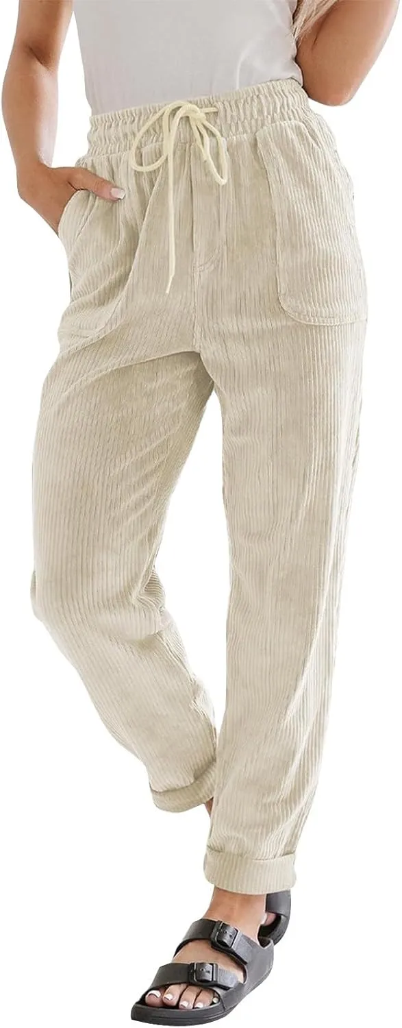 Women's Corduroy Pants Baggy Drawstring Elastic High Waist Trousers Casual Loose Fit Straight Leg Pants with Pockets