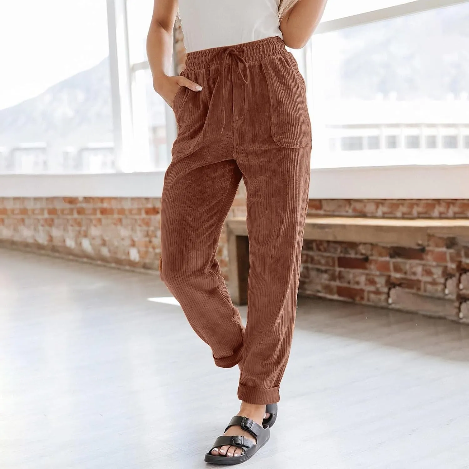 Women's Corduroy Pants Baggy Drawstring Elastic High Waist Trousers Casual Loose Fit Straight Leg Pants with Pockets