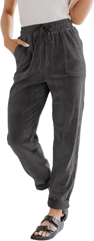 Women's Corduroy Pants Baggy Drawstring Elastic High Waist Trousers Casual Loose Fit Straight Leg Pants with Pockets