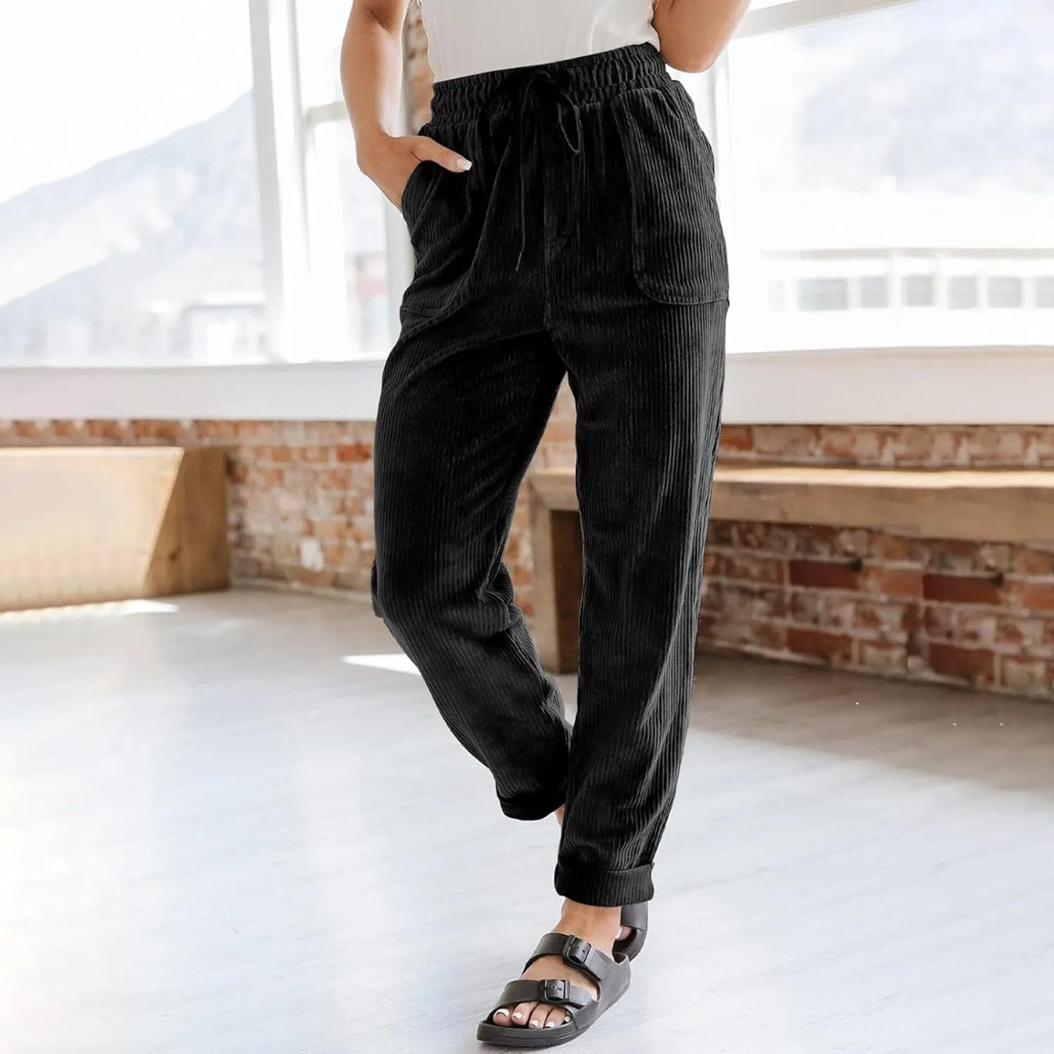 Women's Corduroy Pants Baggy Drawstring Elastic High Waist Trousers Casual Loose Fit Straight Leg Pants with Pockets