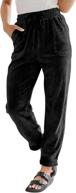 Women's Corduroy Pants Baggy Drawstring Elastic High Waist Trousers Casual Loose Fit Straight Leg Pants with Pockets