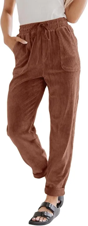 Women's Corduroy Pants Baggy Drawstring Elastic High Waist Trousers Casual Loose Fit Straight Leg Pants with Pockets