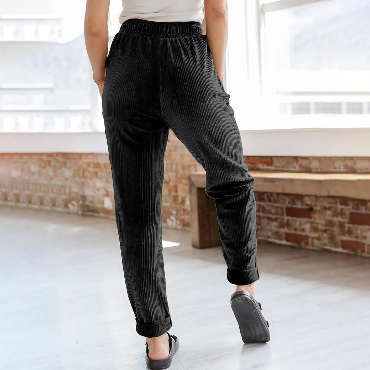 Women's Corduroy Pants Baggy Drawstring Elastic High Waist Trousers Casual Loose Fit Straight Leg Pants with Pockets