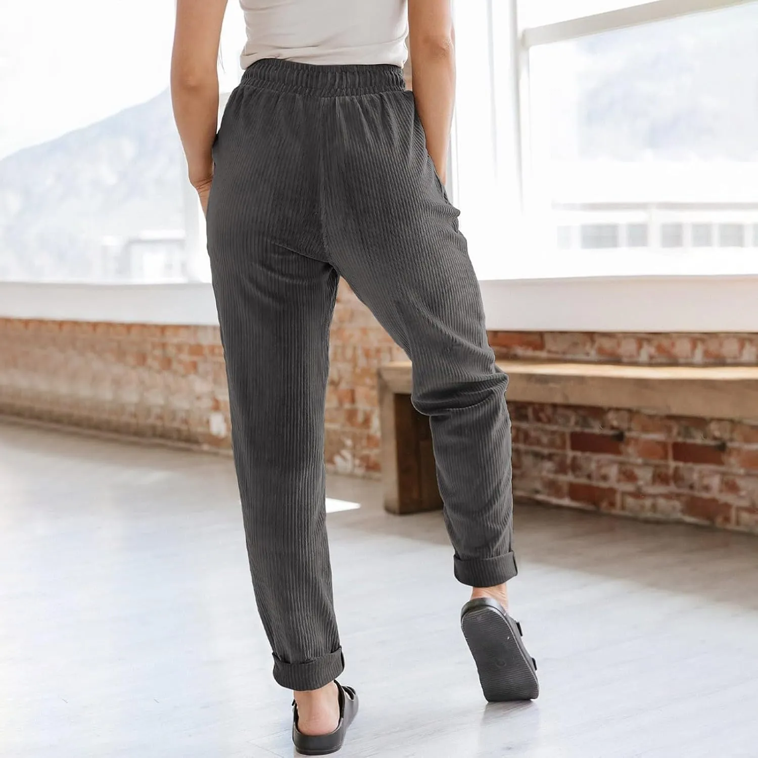 Women's Corduroy Pants Baggy Drawstring Elastic High Waist Trousers Casual Loose Fit Straight Leg Pants with Pockets