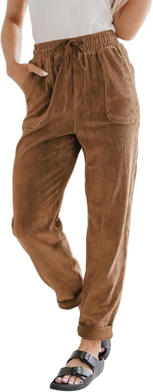 Women's Corduroy Pants Baggy Drawstring Elastic High Waist Trousers Casual Loose Fit Straight Leg Pants with Pockets