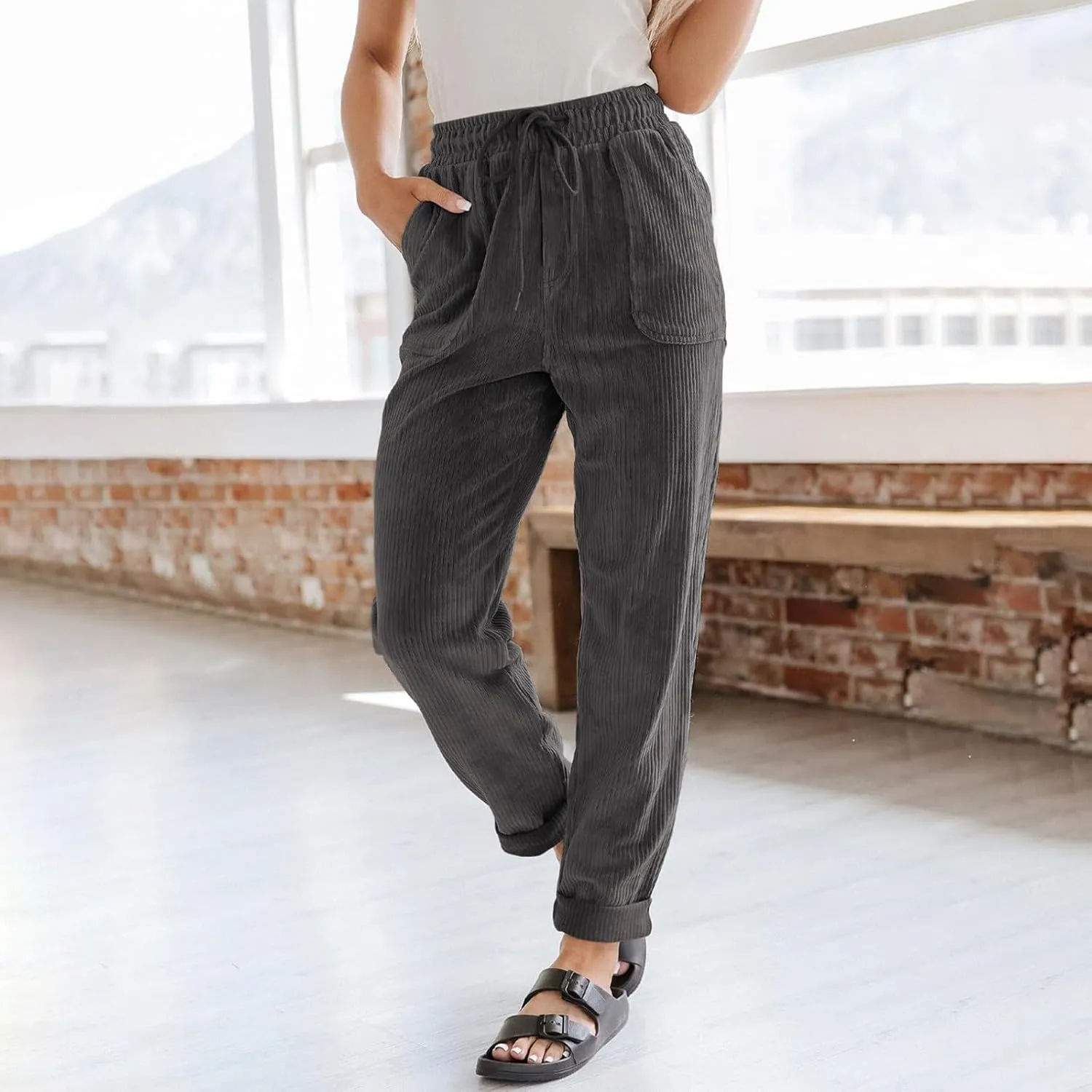 Women's Corduroy Pants Baggy Drawstring Elastic High Waist Trousers Casual Loose Fit Straight Leg Pants with Pockets