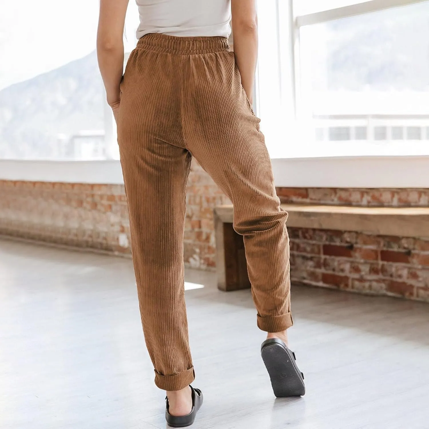 Women's Corduroy Pants Baggy Drawstring Elastic High Waist Trousers Casual Loose Fit Straight Leg Pants with Pockets