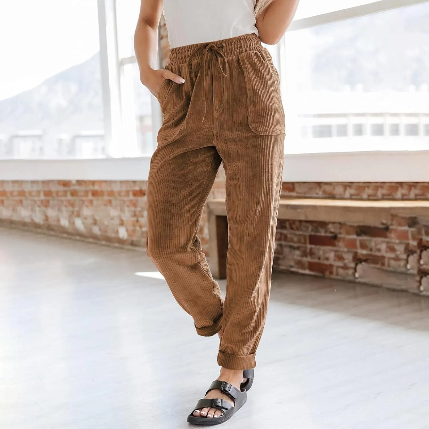 Women's Corduroy Pants Baggy Drawstring Elastic High Waist Trousers Casual Loose Fit Straight Leg Pants with Pockets