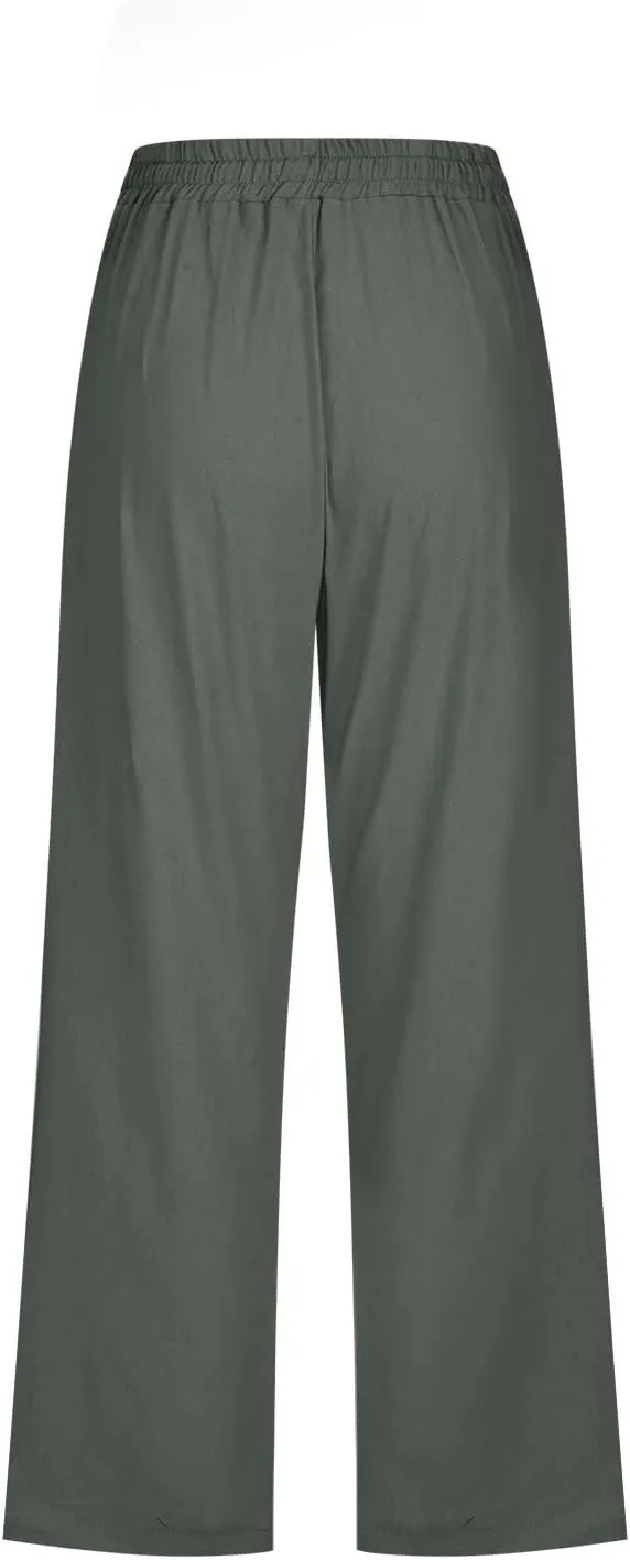 Women's Cotton Linen Capri Pant Loose Elastic Straight Leg 2025 Summer Lounge Palazzo Pant with Pockets