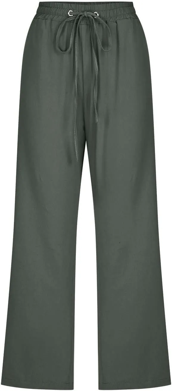Women's Cotton Linen Capri Pant Loose Elastic Straight Leg 2025 Summer Lounge Palazzo Pant with Pockets
