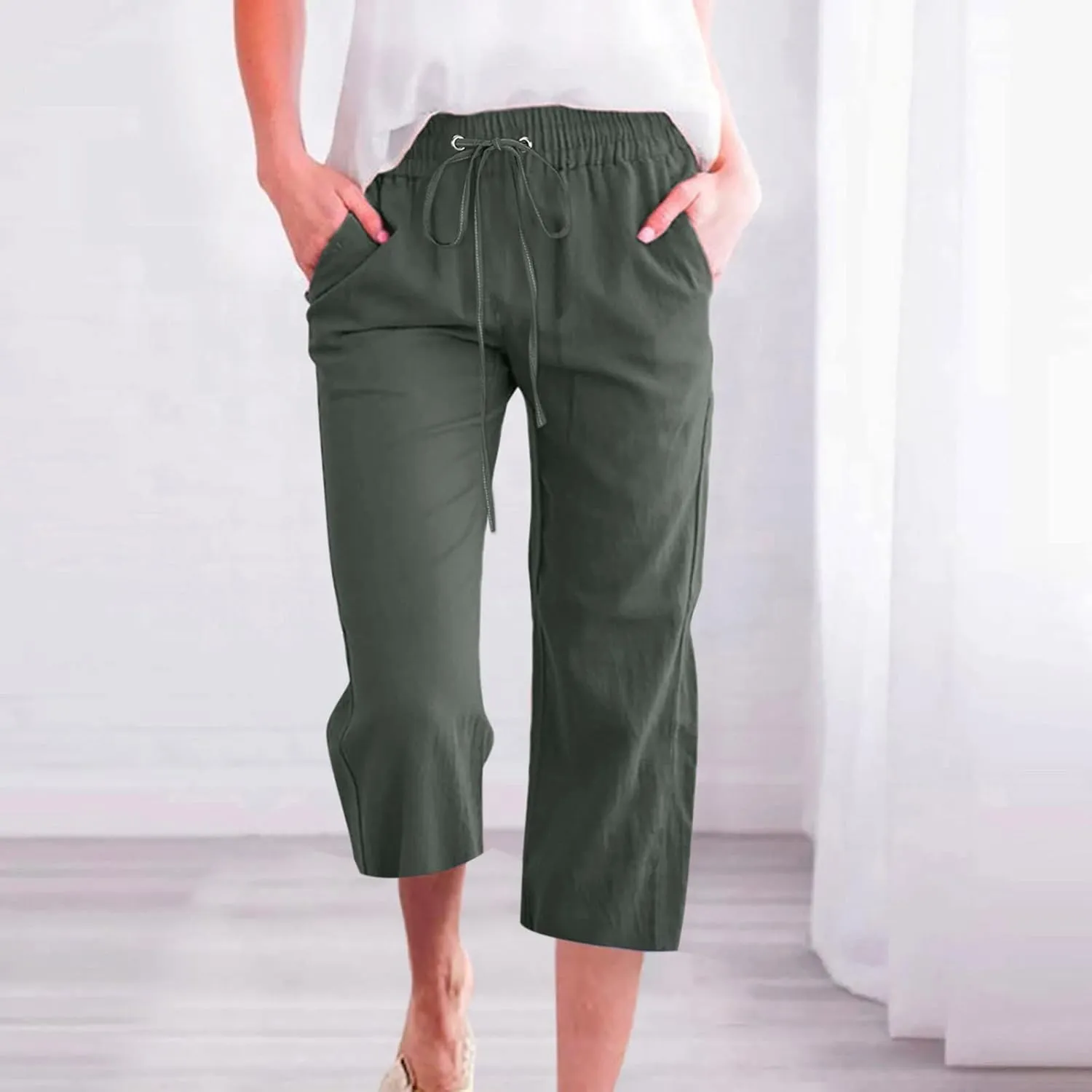 Women's Cotton Linen Capri Pant Loose Elastic Straight Leg 2025 Summer Lounge Palazzo Pant with Pockets