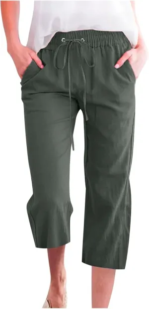 Women's Cotton Linen Capri Pant Loose Elastic Straight Leg 2025 Summer Lounge Palazzo Pant with Pockets