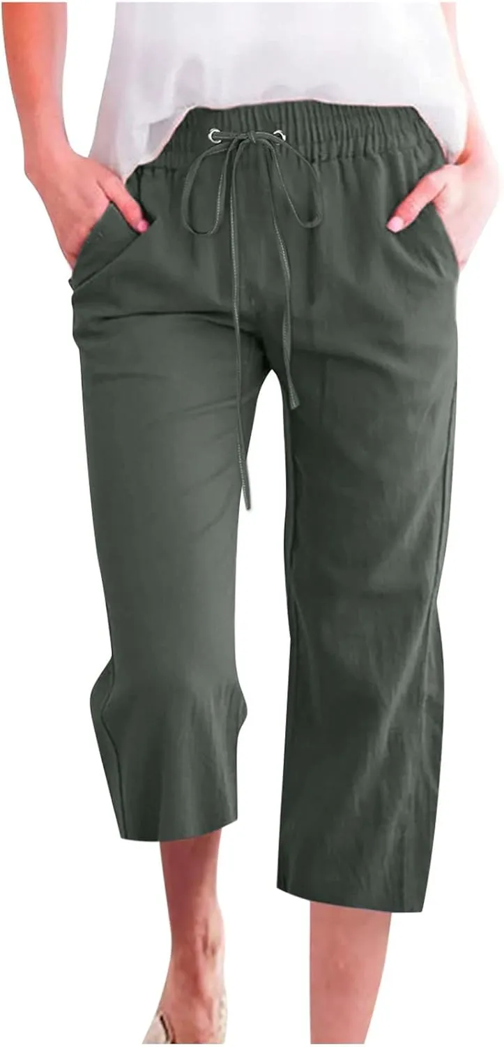 Women's Cotton Linen Capri Pant Loose Elastic Straight Leg 2025 Summer Lounge Palazzo Pant with Pockets