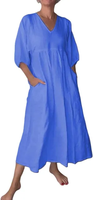 Women's Cotton Linen Deep V-Neck Pleated Dress Solid Color Casual Maxi Dresses Midi Long Tunic Dress with Pocket