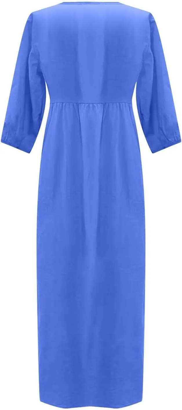 Women's Cotton Linen Deep V-Neck Pleated Dress Solid Color Casual Maxi Dresses Midi Long Tunic Dress with Pocket