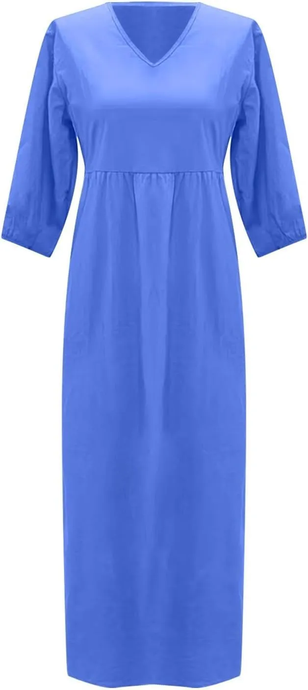 Women's Cotton Linen Deep V-Neck Pleated Dress Solid Color Casual Maxi Dresses Midi Long Tunic Dress with Pocket