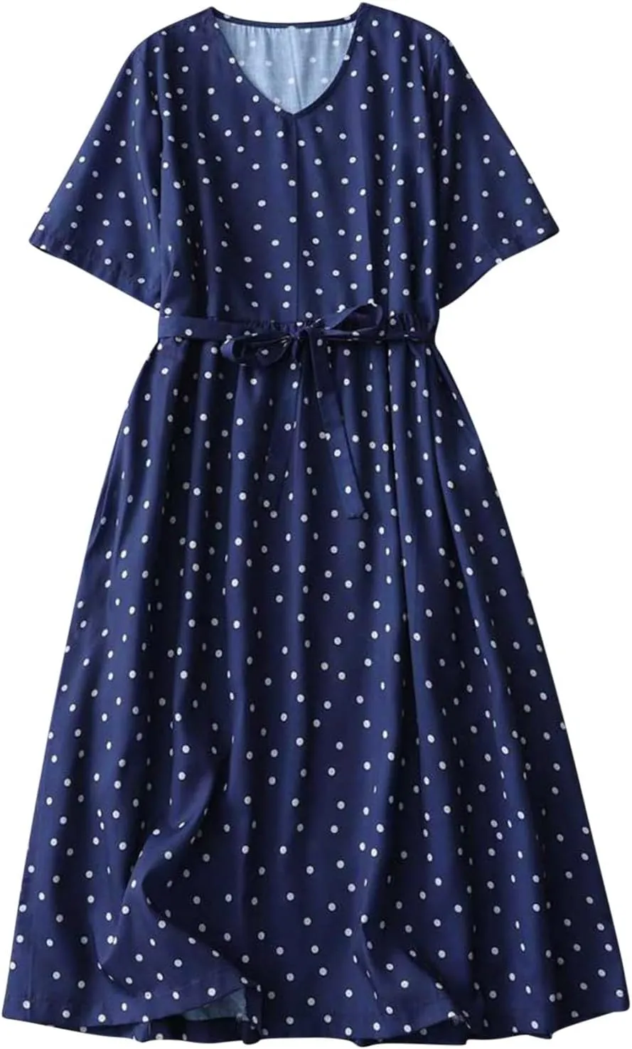 Womens Cotton Linen Dresses Summer Short Sleeve Polka Dot A Line Dresses Flowy Summer Vacation Clothes