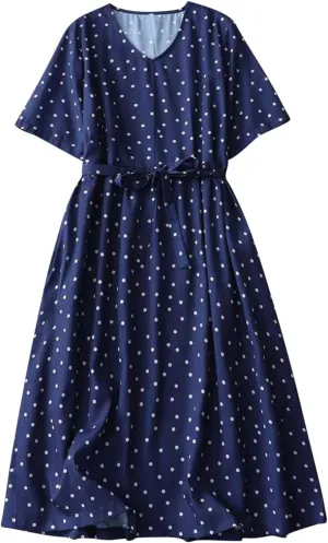 Womens Cotton Linen Dresses Summer Short Sleeve Polka Dot A Line Dresses Flowy Summer Vacation Clothes