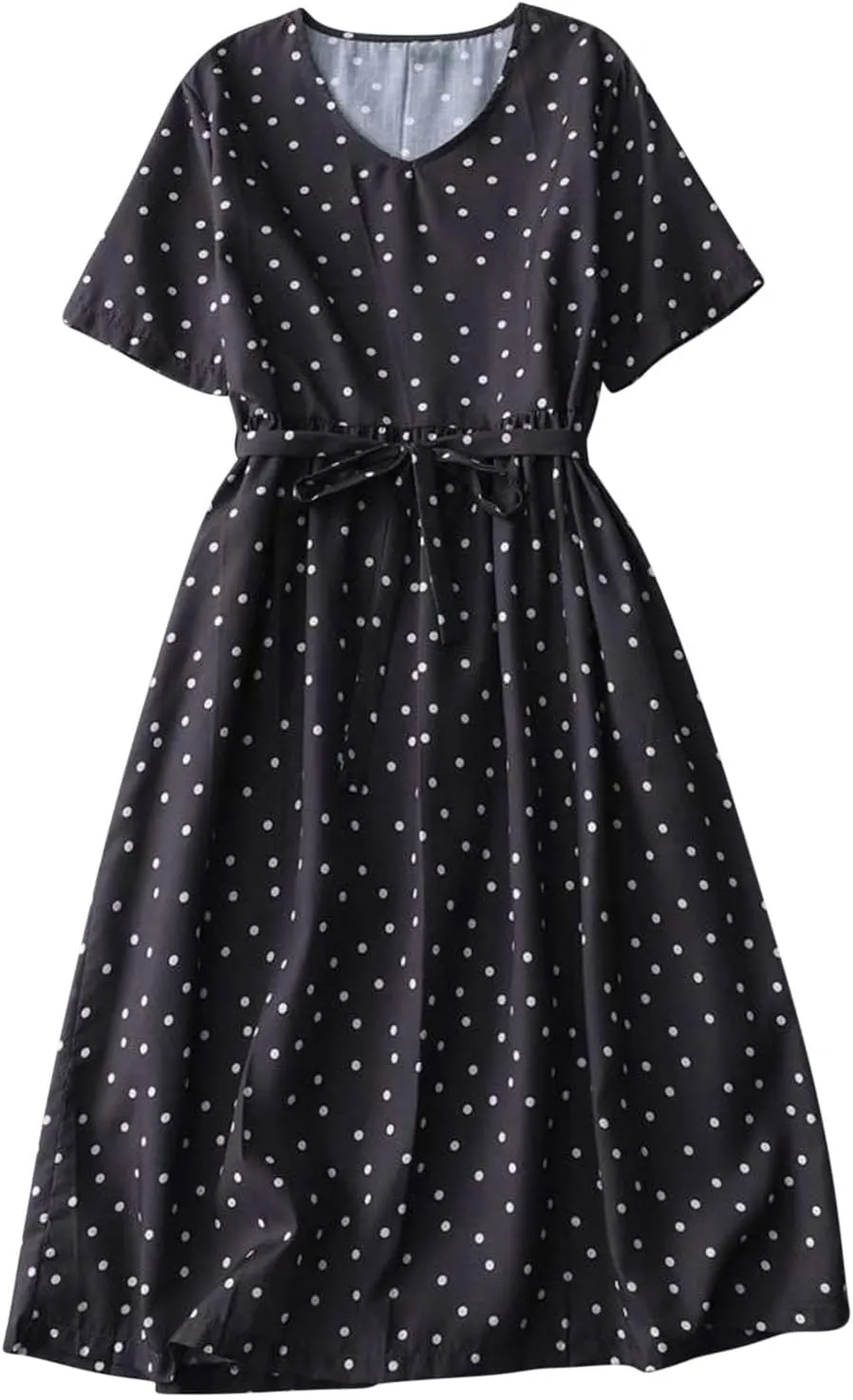 Womens Cotton Linen Dresses Summer Short Sleeve Polka Dot A Line Dresses Flowy Summer Vacation Clothes