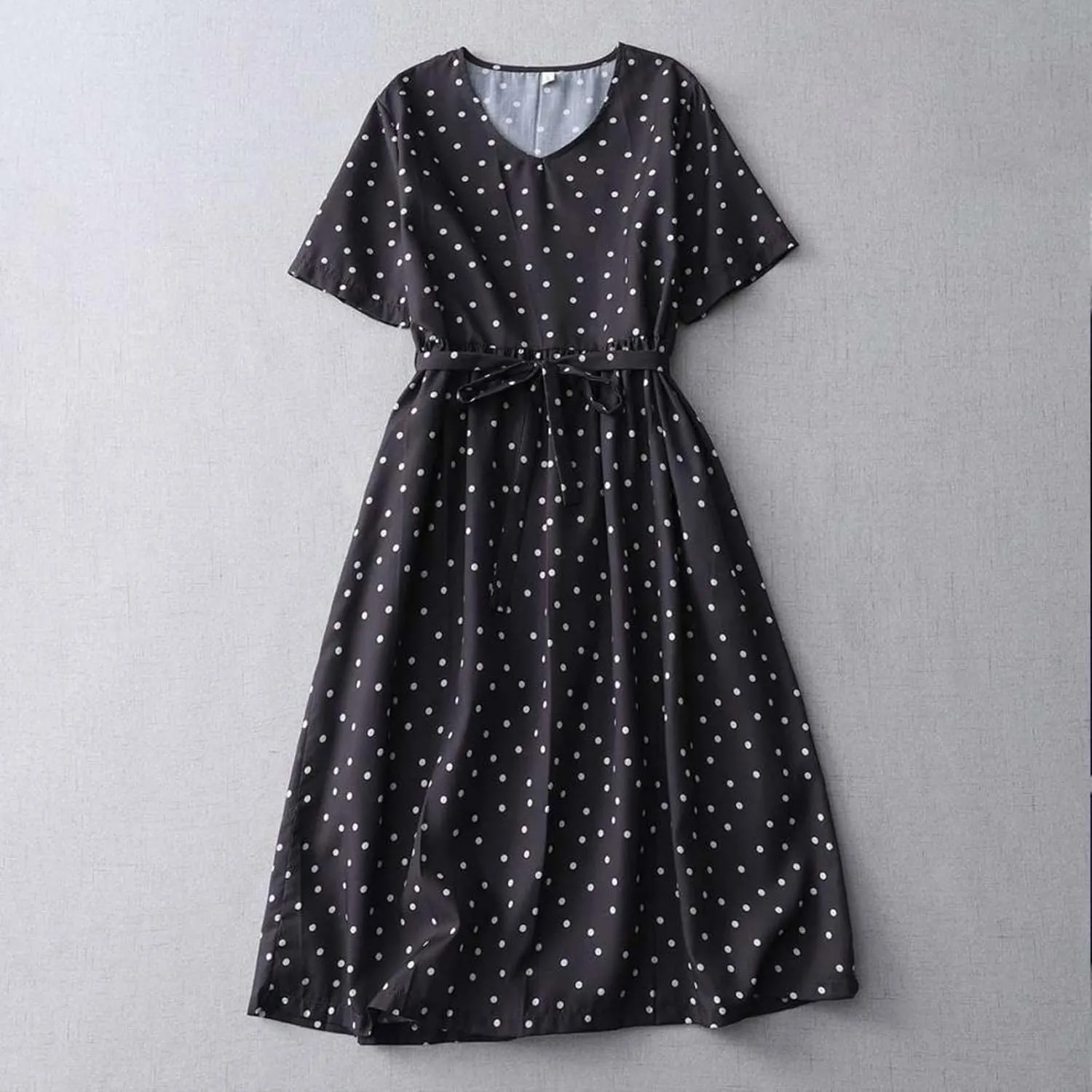 Womens Cotton Linen Dresses Summer Short Sleeve Polka Dot A Line Dresses Flowy Summer Vacation Clothes